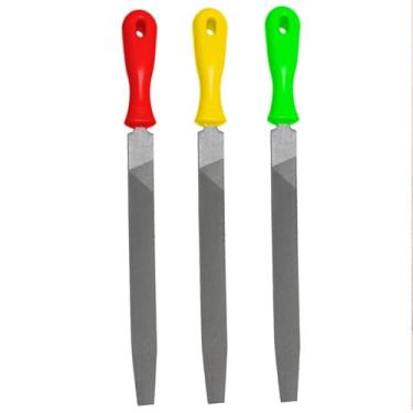 Imagem de Conjunto de Limas Chatas Profissionais, 3 Peças em Aço Especial Temperado, 25 cm, Cabos Ergonômicos Coloridos em Vermelho, Amarelo e Verde para Acabamento em Metal e Madeira