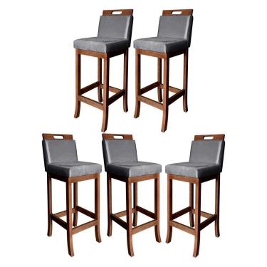 Imagem de Kit 5 Banquetas Alta para Ilha de Cozinha Milão Madeira Castanho Suede Cinza CCS