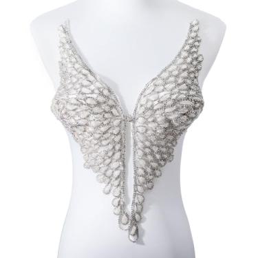 Imagem de FixrWre Enfeite feito à mão com apliques de asas de strass, contas de vidro de lantejoulas costuradas, pedras de cristal, remendos para corpete, jaqueta, vestido, acessórios de decoração (branco)