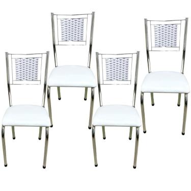 Imagem de Kit 4 Cadeiras Jantar Belize Moderna Cromada Aço Junco Cozinha Sala Assento branco cromada desenho Do Tecido liso