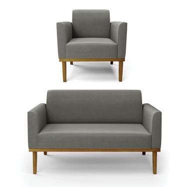 Imagem de Sofá Namoradeira Com Poltrona Base De Madeira Fixa Castanho Marisa Suede Grafite D03 - D?rossi