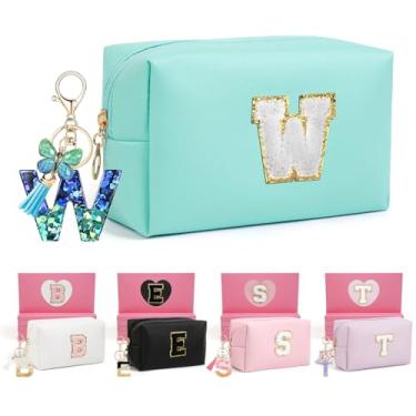 Imagem de AIBFRID 2 peças de bolsas de maquiagem iniciais para mulheres, presentes de aniversário para meninas de 10, 5, 6, 7, 8, 9, 10, 11 e 12 anos, bolsas de cosméticos de viagem, bolsa de maquiagem fofa