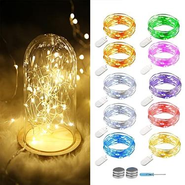 Imagem de YITING - Pacote com 10 luzes LED de 24 cm e 30 lâmpadas de LED operadas por bateria mini fio de cobre para bricolagem em casa, casamento, férias, festas, decorações de Natal (8 cores)