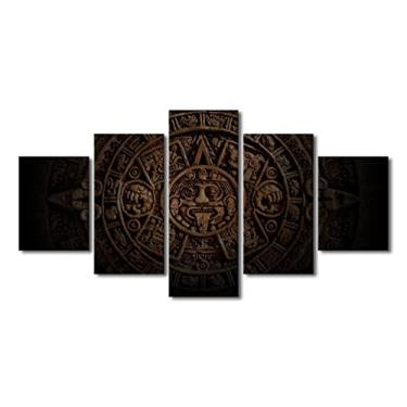 Imagem de Impressão em tela calendário solar asteca arte de parede de pedra civilização maia decoração de casa moderna México antigo pôster sala de estar quarto 5 peças decoração pintura de arte emoldurada