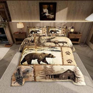 Imagem de Feelyou Conjunto de edredom de urso rústico, tamanho solteiro, placa de madeira, casa de fazenda, animais selvagens, caça, país, marrom, patchwork, urso, pata, 1 edredom e 1 fronha