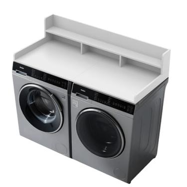 Imagem de FAHKNS Bancada de lavadora e secadora de 2 camadas - Topper de lavanderia de madeira maciça com tapete antiderrapante, 137 cm de largura à prova d'água, organização de lavanderia, ilumina e economiza