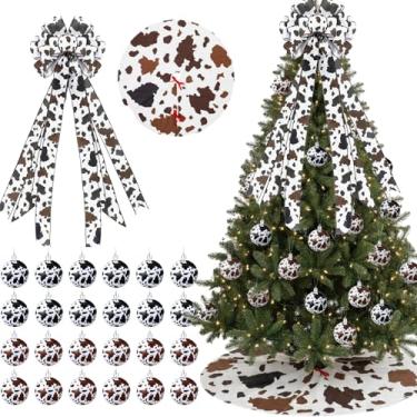 Imagem de Simgoing 26 peças de decoração de árvore de Natal estampada em couro bovino ocidental enfeite de plástico bolas e saia para decoração de festa country western, Natal, férias rústicas, decoração de