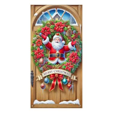 Imagem de BlissYard Capa de porta de Feliz Natal 89,5 x 188 cm, banners de porta de varanda para decoração de inverno, guirlanda de Papai Noel com pinhas de poinsétia e ornamentos para sinalização de decoração
