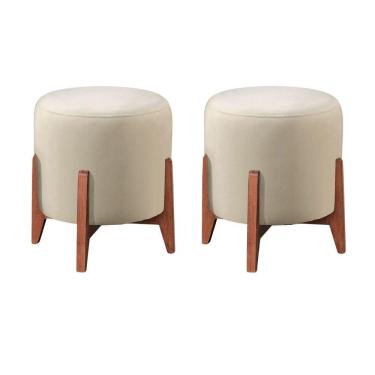 Imagem de Kit 2 Puff Decorativo Para Sala Redondo Luxo Selena Linho Marfim