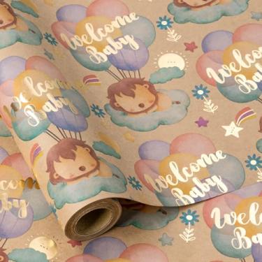Imagem de RUSPEPA Rolo de papel de embrulho para chá de bebê, mini rolo, adorável rolo de papel kraft de leão e balão, papel de embrulho de presente de boas-vindas para bebês meninos, meninas, 43 cm x 40 cm