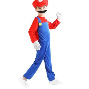 Imagem de Aoibox Plumber Costume For Kids M&L Super Brothers Cosplay Boys Halloween Costumes Jumpsuit with Hat Mustache RS