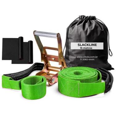 Imagem de Slackline Verde 15 M Catraca + Alças + Protetores + Bolsa - Cikala