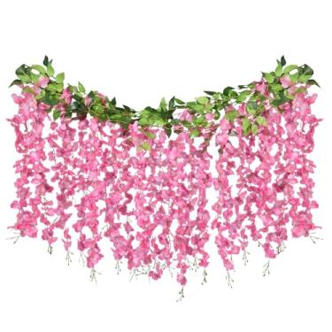 Imagem de ARTKAIKE Guirlanda de flores artificiais para decoração de casa, planta de seda falsa de glicínia para quarto, banheiro, parede, cozinha, quarto, jardim, decoração de casamento ao ar livre (4, rosa