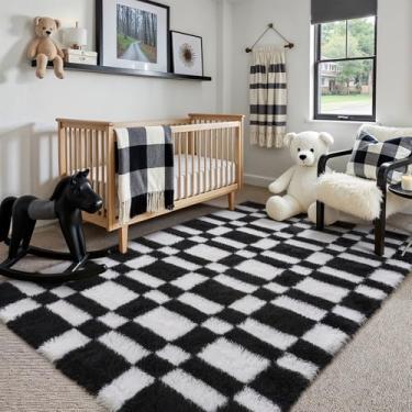 Imagem de HUGEAR Tapete xadrez 10 x 15 cm para sala de estar, preto e branco, moderno, tapete felpudo super macio, lavável, tapete felpudo e aspirável para quarto, casa, dormitório, decoração antiderrapante
