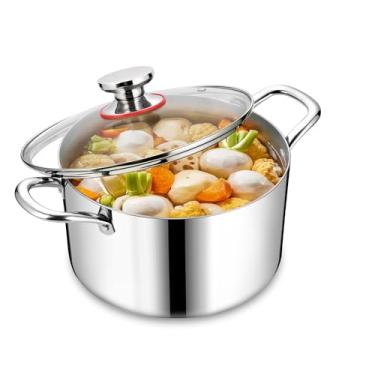 Imagem de Panela de aço inoxidável, panela grande Homikit de 6 litros com tampa de vidro, panela de indução de macarrão de três camadas resistentes para cozinhar a vapor e estufar, pode ser lavada na