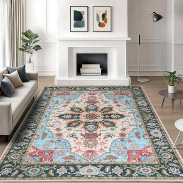 Imagem de WILLSUN Tapetes de área laváveis, tapetes antiderrapantes Boho para sala de estar, quarto, tapete vintage lavável à máquina, tapete com estampa floral interna para decoração de casa, tapete adequado