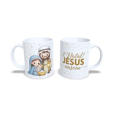 Imagem de Caneca Natalina de Cerâmica, Sagrada Família, Branca, 325ml, com Mensagem sobre o natal, e imagens de Jesus, Maria e José (23178)