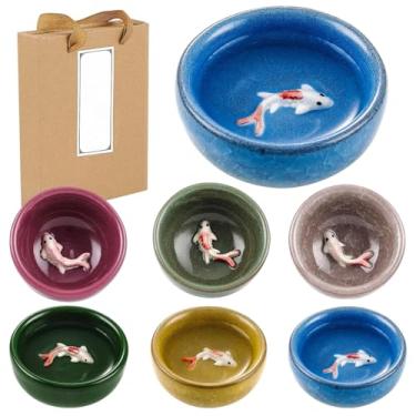 Imagem de Chewtoyo Conjunto de copos Soju de 6 peças, xícaras de chá de porcelana de peixe Koi com esmalte crackle, cerâmica para servir soju, chá ou molhos em casa ou em casa
