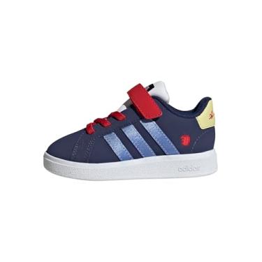 Imagem de adidas Tênis infantil Disney Grand Court 00s elástico de renda e alça, Branco neve/azul escuro/azul fusão/melhor escarlate, 7 Toddler