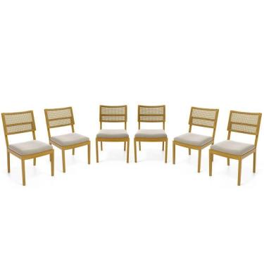 Imagem de Kit Com 6 Cadeiras Milena Madeira Maciça Assentos Estofados Encostos De Tela Palha Sextavada Veludo Bege 102