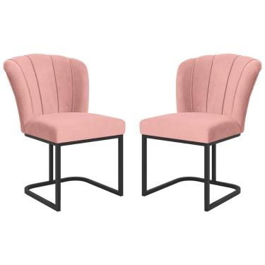Imagem de Kit 2 Cadeiras Poltrona Flor Pés Metal Preto Mesa Quarto Cozinha Rosa