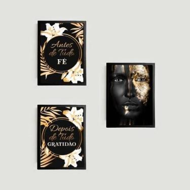 Imagem de Kit 3 Quadros Fé E Gratidão Mulher Negra 33X24Cm - Com Vidro - Quadros