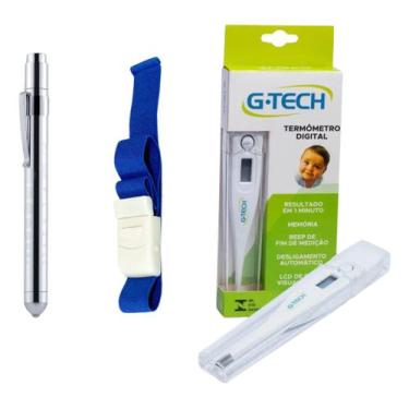 Imagem de Kit Lanterna Clínica Termômetro E Garrote Acadêmico Da Saúde Branco - 