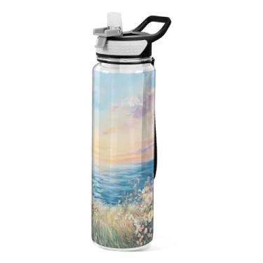 Imagem de ATTX Garrafa de água Sea Daisies, 946 ml, à prova de vazamento e livre de BPA, garrafas de água reutilizáveis de plástico Tritan para viagens, academia, corrida (158)