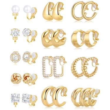 Imagem de Wrlcorly 13 pares de brincos de pressão para mulheres, banhado a ouro 14 K, brincos de argola grossa, zircônia cúbica, tubo torcido, gota d'água, croissant, conjunto de joias de brincos falsos e