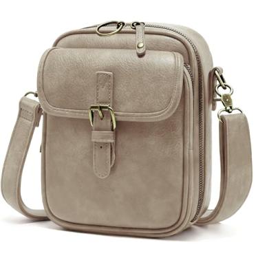 Imagem de Bolsas transversais pequenas para mulheres, bolsas carteiro de couro vegano, carteira vintage, antifurto, bolsas de ombro com compartimentos para cartões, Cinza bege retrô, Vintage