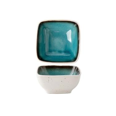 Imagem de prato de lanche Prato de condimento esmalte crepitante personalizado, prato cerâmica quadrado pequeno, retrô para lanche tigela de sopa(Blue)
