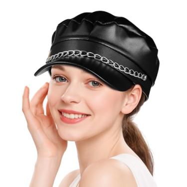 Imagem de Unomor Vintage Black PU Leather Chain Sailor Hat for Men and Women Short Brim Captain's Cap with Adjustable Fit for Costumes Parties and Outdoor Adventures