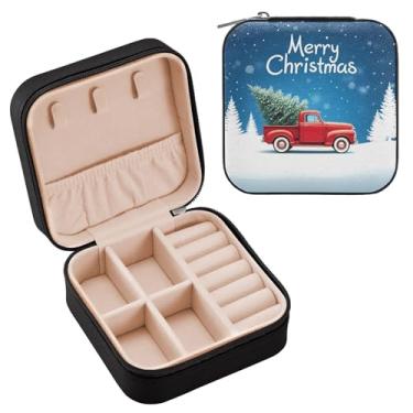 Imagem de Wassud Estojo de joias de viagem de caminhão de Natal para mulheres, meninas, senhoras, noiva, mini organizador de joias de couro PU, caixa quadrada de armazenamento de joias para brincos, anéis