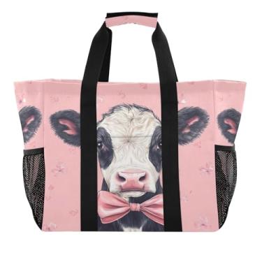 Imagem de Wassud Bolsa de compras reutilizável de vaca com laço grande bolsa organizadora de lona impermeável para praia, piquenique, lavanderia, viagem