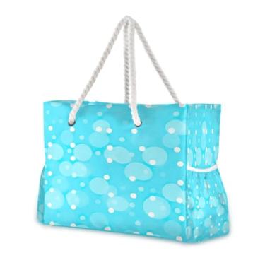 Imagem de Wassud Bolsa de praia grande com bolinhas azuis e brancas para mulheres, impermeável, à prova de areia, bolsa de viagem com zíper e bolso para piscina, academia, acampamento