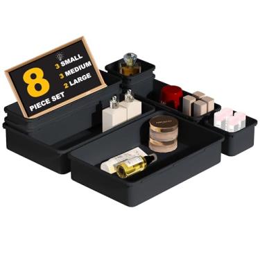 Imagem de Separadores organizadores de gavetas, sistema de armazenamento de 8 peças, azul cinza, para escritório, banheiro, cozinha, para armazenar cosméticos, suprimentos de costura, acessórios, joias