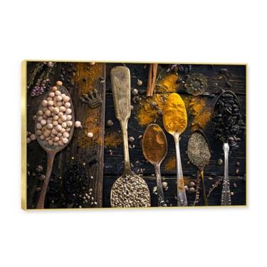 Imagem de NHLDZYH Moldura dourada. Tela decorativa cozinha, arte vintage especiarias coloridas, arte de parede quadros para sala de estar quarto cozinha. B32. 30x45cm