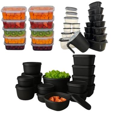 Imagem de Kit 48 Conjunto de Potes com Tampa Hermética potes plásticos retangulares para alimentos marmitas para freezer e micro-ondas ideal para organização de cozinha e porta mantimentos (Preto)