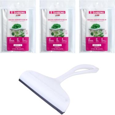 Imagem de Conjunto de 1 Rodo Plástico Multiuso Branco com Raspador 18cm + 3 Saco Abre e Fecha Hermético de 1 Litro