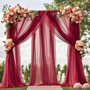 Imagem de Tecido drapeado para arco de casamento - chiffon bordô, 1 painel de cortinas transparentes - Cortina de pano de fundo de chiffon de 150 cm x 6 m - Cortina transparente ao ar livre para teto de festa