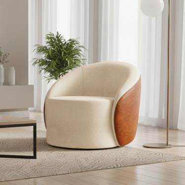 Imagem de Poltrona Sala Orgânica Lua Fixa Sintético PU Nozes/Bouclê Bege D03 - D'Rossi