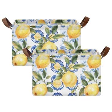 Imagem de Cestos de armazenamento dobráveis para armazenamento de suéter para armário, cesta de armazenamento de cobertor para armazenamento e organização do quarto 17 x 29 x 25 cm, limões e flores azuis