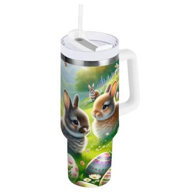 Imagem de Copos de isolamento duplo verde Páscoa de 850 g com tampa e copo com isolamento de palha