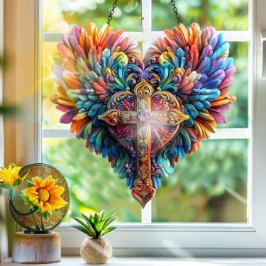 Imagem de Acrílico colorido, apanhador de sol, decoração de janela suspensa em cruz de coração, arte de parede de arco-íris, para varanda, interior e exterior, jardim, enfeites de Natal, decoração 19 x 19 cm