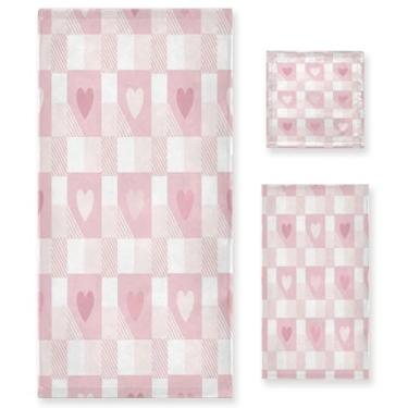Imagem de Wassud Conjunto de 3 toalhas de banho Gingham Grid Hearts Valentines toalhas super macias e absorventes para banheiro, toalhas de banho de secagem rápida, toalha de banho para academia, spa, hotel