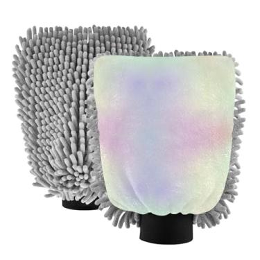 Imagem de ODAWA Luvas de carro de chenille para lavagem, luva de canhão de espuma gradiente arco-íris pastel para lavagem de carro, 18 cm x 26 cm (pacote com 2)