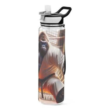 Imagem de ODAWA Garrafa esportiva transparente engraçada Gorilla Karate com canudo e alça de 940 ml Tritan jarra de água reutilizável