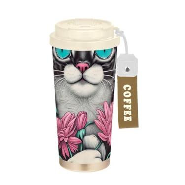 Imagem de TSENQUE Caneca de café de viagem de 473 ml com revestimento cerâmico, copo de café de aço inoxidável com tampa e canudo, copo isolado a vácuo, arte rosa de gato fofo