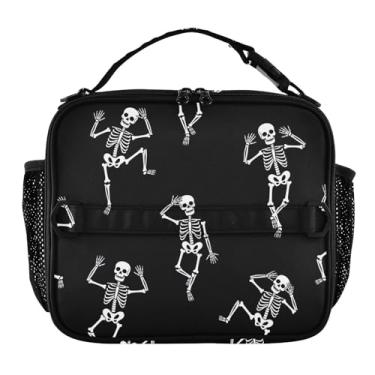 Imagem de Joisal Lancheira preta com esqueletos brancos divertidos para mulheres, lancheira personalizada para meninas, crianças, homens, lancheira para trabalho, bolsa térmica para meninos