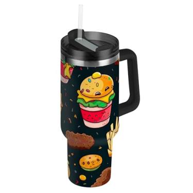 Imagem de Copos com tampa e batatas fritas com palha, hambúrguer, arte impressa, copo de 1,134 g com alça garrafas de água à prova de derramamento, caneca de café quente de aço inoxidável isolada para carro